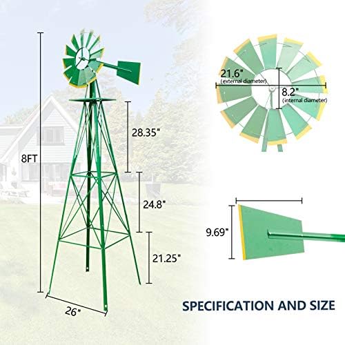 8FT Garden Windmill, Metal Yard Decor with Weather Vane, Green - Image 3