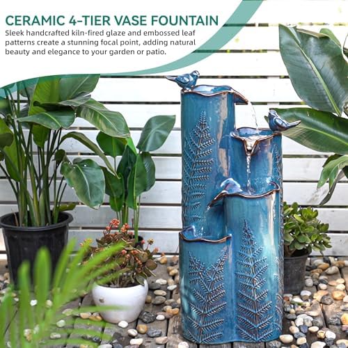 32" Outdoor Water Fountain, Ceramic Outdoor Fountain, Stacked 4-Tier Vase Waterfalls for Garden, Patio, Yard, or Porch Decor, Creating Relaxing Serene Oasis, Embossed Leaf Pattern, Turquoise - Image 3