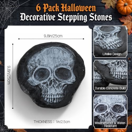 Landical 6 Pack Halloween Decorative Stepping Stones for Garden,Skull - Image 2
