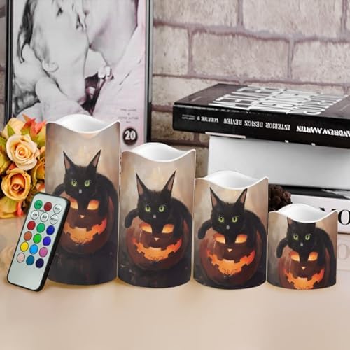 Jack O Lantern Black Cat Battery Operated Candles with Flickering Flame Timer Flameless Fake Pillar Candles Color Changing Led Electric Candles Tea Light for Halloween Party Home Decor - Image 4
