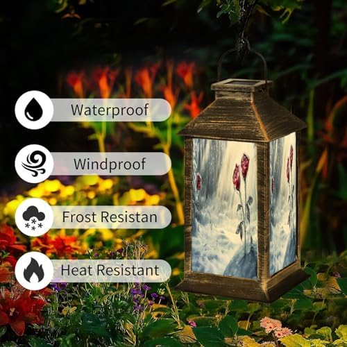 Solar Lantern Snowy Day Stained Glass Roses Sparkling Reflections Outdoor Waterproof Garden Hanging Lantern Solar Powered Lighting Outside Table Lamp for Patio Deck Camping 1 Pack - Image 2