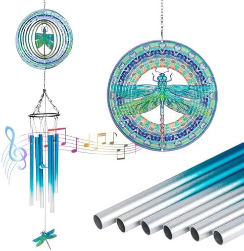 TUOKING Blue Wind Chimes for Outside 3D Dragonfly Wind Spinners by TUOKING
