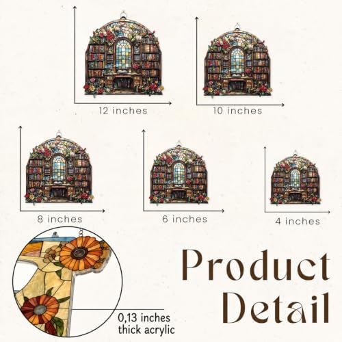 Floral Library Acrylic Suncatcher 8 Inches, Fall Decoration Indoor Outdoor, Bedroom Porch Decor, Stained Glass Effect Window Hanging, Cozy Reading Room Decor, Book Lover Gift for Her - Image 2