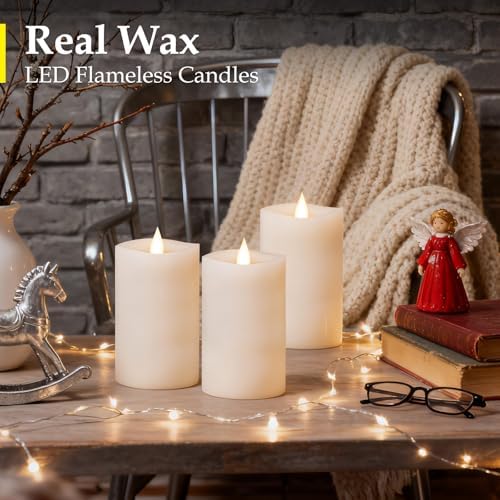 3"x5" Flickering Flameless Candles with Remote Timer- Set of 3 Real Wax White Pillar LED Candles for Indoor/Outdoor Fireplace & Home Decor, Battery Operated with 600+ Hours Flickering (3" Diameter) - Image 2