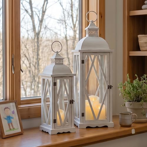 Perfnique Farmhouse Outdoor Lanterns for Patio, Set of 2 White Rustic Lanterns Decor, Vintage Hanging Candle Holder Decorative for Porch, Garden, Yard, Indoor (No Glass) - Image 3