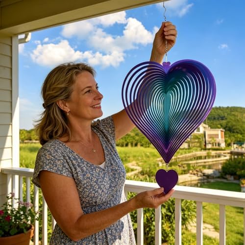 DJUAN 15in Large Heart Wind Spinner Garden Decor,Gifts for Women,Mom and Grandma,Mother's Day,Birthdays, Purple-Green Stainless Steel Hanging Yard Art Outdoor & Indoor Decorations - Image 6