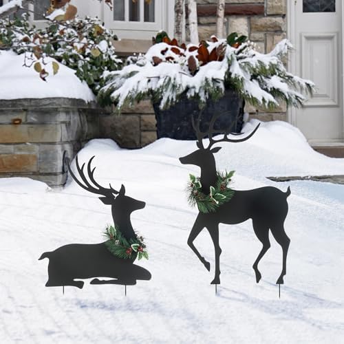 Glitzhome Set of 2 Metal Silhouette Reindeers Yard Sign with Stake, 42" H Christmas Decorative Standing Wall Hanging Decoration for Garden Home Lawn Pathway Walkway - Image 2