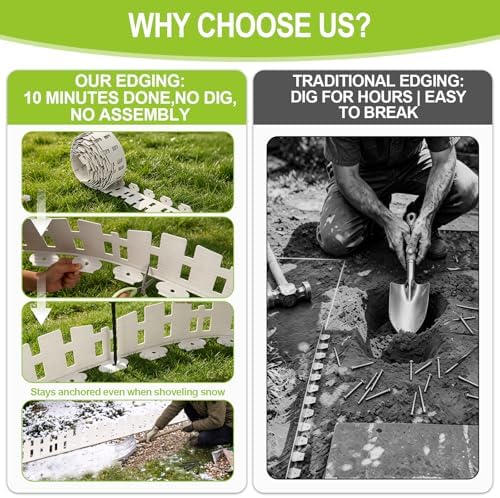 50FT Garden Edging Border, 4.5in White Picket Fence, 90 Flexible Stakes - Image 4