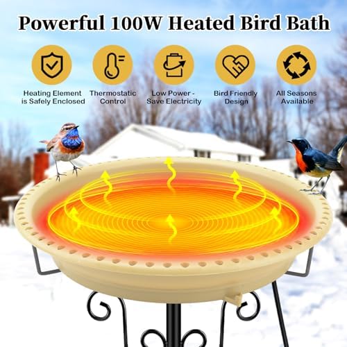 Heated Bird Bath for Outdoors Winter, 100W Heated Birdbath with Stake Khaki - Image 2