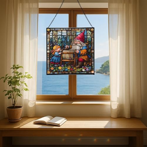 Gnome Weaving Stained Glass Suncatcher – Square Hanging Window Panel for Home, Garden, Nursery, Halloween, Christmas, Memorial Day – Whimsical Glass Art Gift for Gnome Lovers y86pad - Image 6