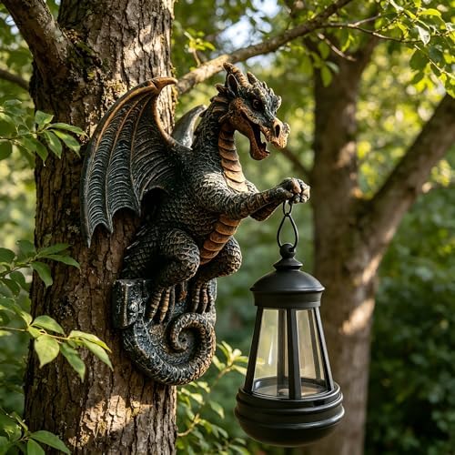 Outdoor Solar Dragon Statue Tree Hugger with Solar Lantern Garden Decor, 9-inch Dragon Garden Statues Outdoor Patio Lawn, Fence Decoration, Gargoyle Statues Outdoor with LED Light, Gifts for Mom - Image 6