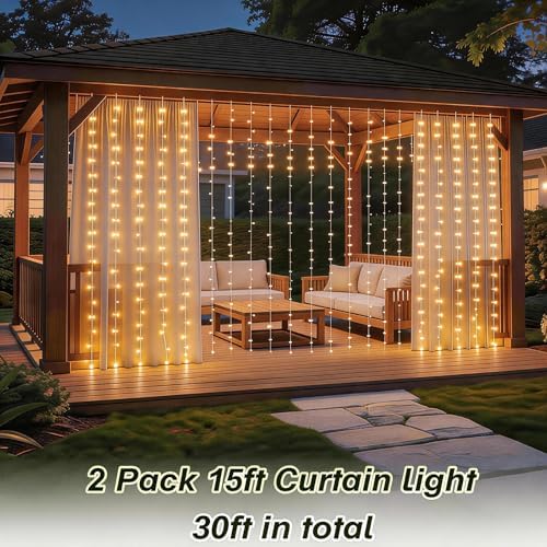 2 Pack Solar Curtain Light Outdoor, 30ft x 10ft, 660 LEDs in Total Solar Powerd String Lights Waterproof Outside for Garden Party Wedding Decór - Image 2