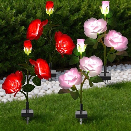 TANSOREN 4 Pack Solar Garden Lights Outdoor, 8 Lighting Modes Cool White LED Powered Waterproof Rose Flowers Landscape Light for Outside Yard, Patio, Pathway Decorative, Décor, Gifts by TANSOREN