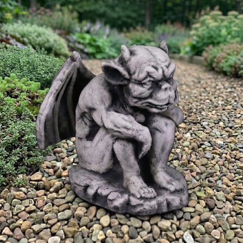 OLOMA Thinking Winged Gargoyle Concrete Garden Statue Stone Beast Sculpture Gothic Outdoor Decor Mythical Monster Lawn Yard Art Handmade Cement Ornament Fantasy Figure - Image 3