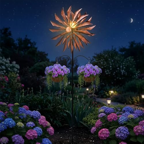95 Inch Large Wind Spinner Outdoor Metal Garden Stake with Dual Hanging Hooks, Solar Powered Windmill Spinner for Yard & Patio, Heavy Duty Rustproof Kinetic Yard Art with Stable Ground Stake - Image 7