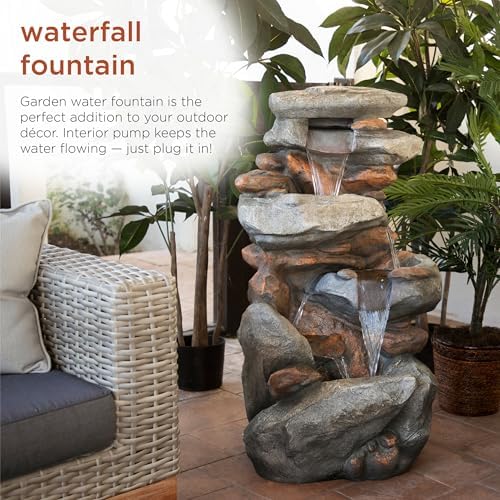 Alpine Corporation | 40" 4-Tier Rock Floor Fountain with Cascading Water & White LED Lights, Tranquil Outdoor Water Feature for Garden, Patio, Yard & Deck, Light Gray - Image 4