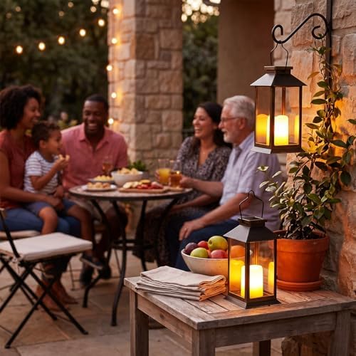 Tomshine 2 Pack Solar Flame Lanterns Outdoor Weatherproof, Hanging Black Rust-Proof Solar Lantern with Tempered Glass Shade, Flickering Flameless Candles for Patio Garden Decor - Image 2
