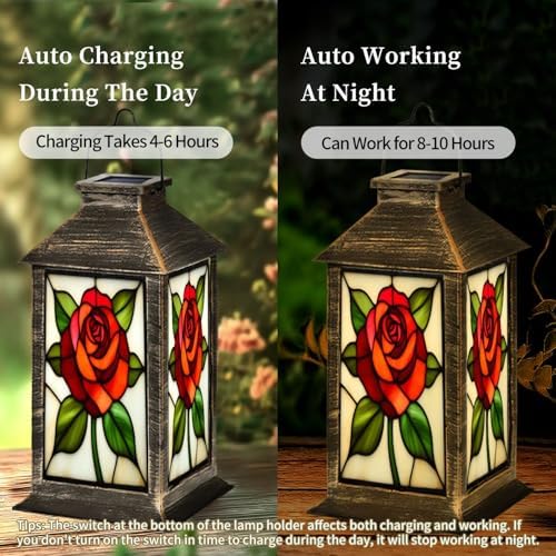 Solar Lantern Rose Floral Stained Glass Night Light Petals Outdoor Garden Hanging Lantern Waterproof Solar Powered Lighting Outside Table Lamp for Deck Yard Camping Patio Decor - Image 4