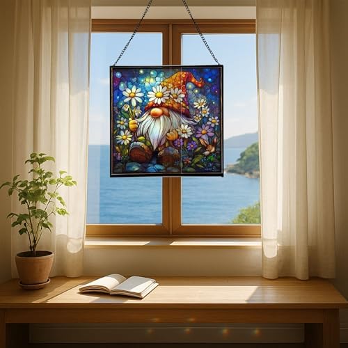 Daisy Crown Gnome Stained Glass Suncatcher – Square Hanging Window Panel for Home or Greenhouse – Whimsical Glass Art Gift for Garden Lovers, Christmas, Halloween, Father Days jgOO6e - Image 6