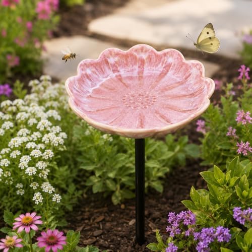Ceramic Pollinator Watering Station for Garden, Flower Shaped Bee Butterfly Water Feeder Bowl on Stake, Outdoor Yard Decor, 1 Pack, Blush Pink by Unknown