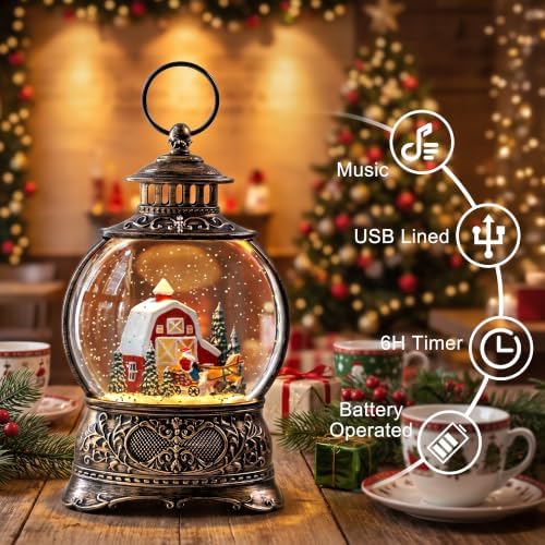 Christmas Snow Globe Lantern with Santa Carriage and Red Barn, Musical Lighted Water Lantern with Swirling Glitter, 6H Timer, USB Powered or Battery Operated, Vintage Tabletop Christmas Decor Gift - Image 2
