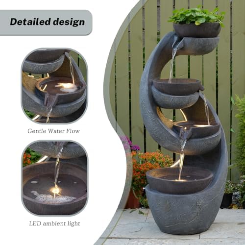 Outdoor Waterfall Fountain with LED Lights and Pump for Garden, Patio, Yard - 43.7 Inch UV-Resistant Freestanding Water Feature - Image 4