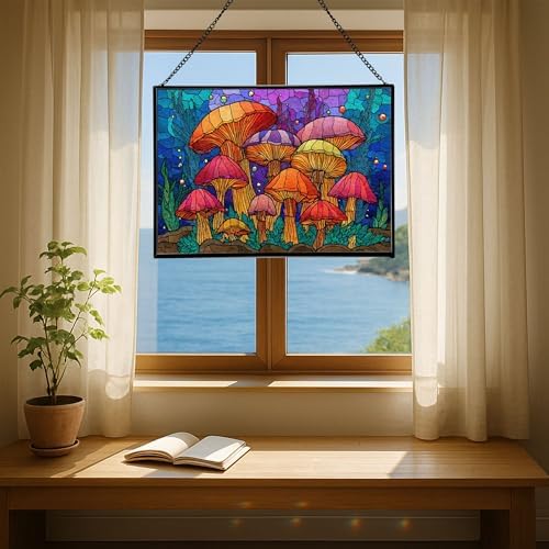 Rainbow-Colored Mushroom Cluster Rectangular Stained Glass Suncatcher – Hanging Window Panel with Animal & Nature Scene – Vibrant Glass Art Gift for Wildlife, Fantasy, Nature Lovers q1PtJt - Image 6