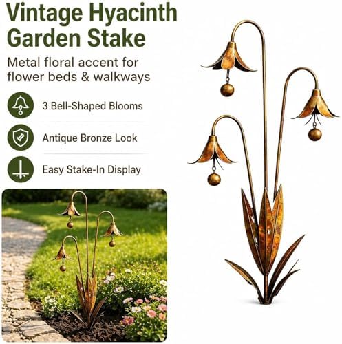 Triple Bluebells Garden Stake with Bell, Flamed Copper Three Calla Lilies Garden Stake, Metal Flower Outdoor Yard Decoration, Weather Resistant Rustic Handmade Wind Bell Stakes for Lawn Patio (B) - Image 5