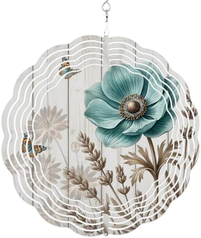 10 Inch Teal Vintage Floral Wind Spinner for Yard and Garden, Retro Flowers Wooden Butterfly Hanging Ornaments Outdoor 3D Kinetic Wind Sculpture Spinners Indoor Outdoor Patio Décor Ornaments Gift by Unknown
