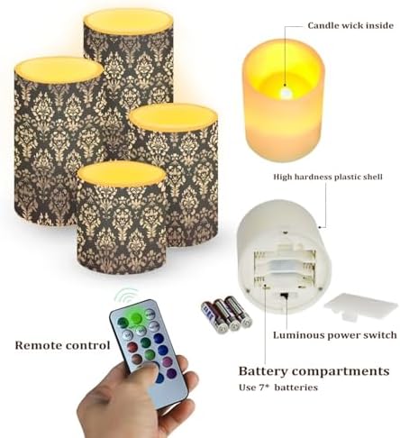 Flameless LED Candles with Timer Remote Damask Pattern Black Candles Battery Operated Flickering for Indoor Outdoor 4 Pack Pillar Lights Home Decorations - Image 2