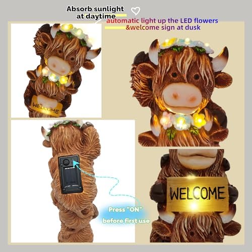 12 Inch Highland Cow Garden Statue Solar Outdoor Decor for Yard Patio Porch - Image 6