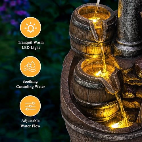 Vintage Pump Barrel Outdoor Water Fountain, Resin & LED, 21.7 in - Image 5