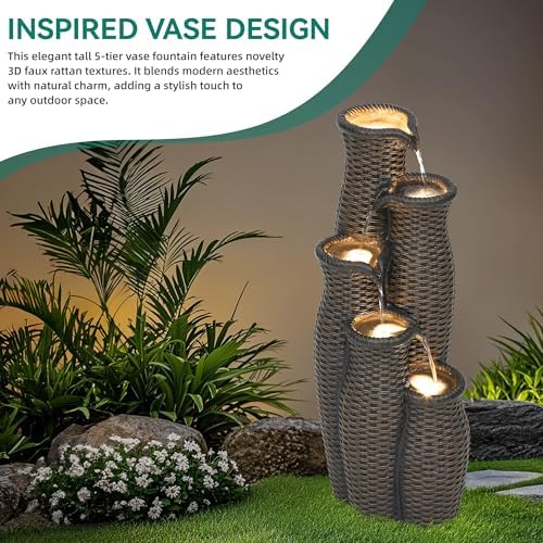 33" Faux Rattan Vase Water Fountain Outdoor with Warm LED Lights, Brown - Image 4