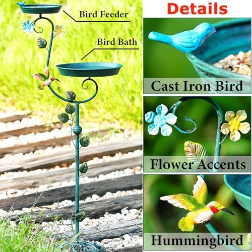 Bird Bath for Outside, 43" Tall Bird Baths and Feeders for Outdoors, Cast Iron Bird Bath and Feeder Combo, Metal Heavy Duty Birdbath Pedestal, Floral Decorative Birdbaths for Outdoor Garden - Image 2
