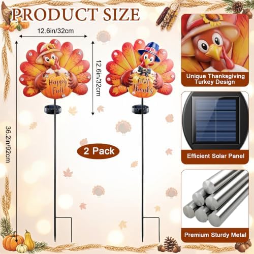 Lewondr 2PCS Thanksgiving Decorations Solar Fall Turkey Garden Stakes - Image 6