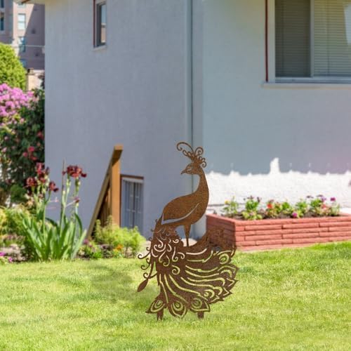 Peacock Garden Stake - 15.76" Tall Metal Yard Art with Intricate Feather Design, Rusted Outdoor Sculpture for Lawn & Fence Decor - Housewarming & Birthday Gift for Women, Mom & Grandma - Image 2