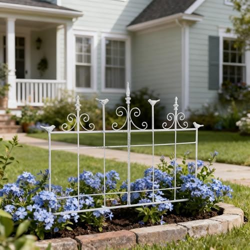 Vintage Metal Garden Fences Rustic Distressed White Decorative Fence Cast Iron Garden Edging Landscape Border Yard Stake Tall Picket Fence Outdoor Flower Bed Lawn Panels - Image 5