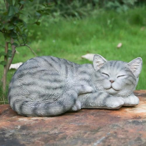 Grey Sleep Cat Statues Outdoor Decorative, Cat Memorial Statue for Yard Lawn Patio Porch, Garden Pet Grave Marker Figures, 9.44" L x 6.29" W x 4.33" H - Image 2
