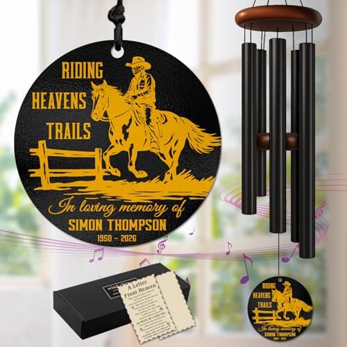 Personalized Memorial Wind Chimes for Outdoors Cowboy Rider Tribute Western Sympathy Gift Riding Heaven Trails Custom Name Years for Loss of Loved One Dad Husband Ranch Keepsake Hanging Garden Rustic by AlpadilCo