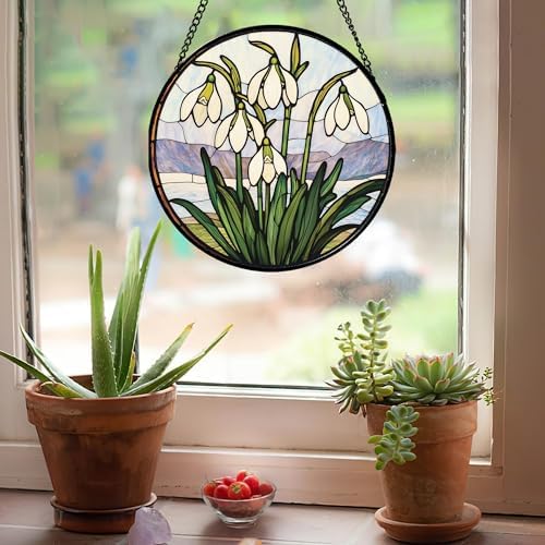 Snow Drop Flower Stained Glass Window Hanging Decor Gifts for Women 15" - Image 4