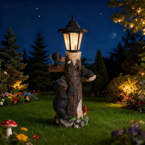 19" Black Bear Statue Solar Welcome Sign Resin Outdoor Garden Decor, Brown - Image 4