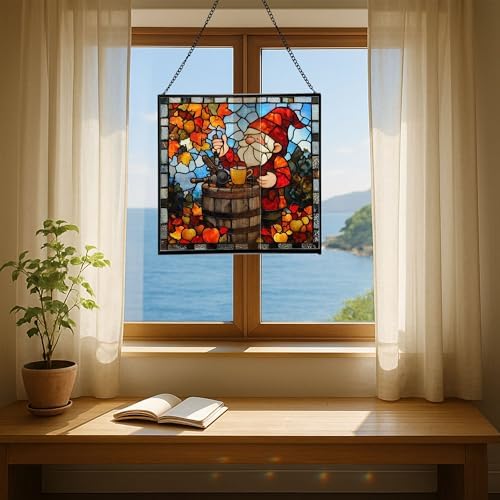 Gnome with Apple Cider Stained Glass Suncatcher – Square Hanging Window Panel for Home, Garden, Nursery, Halloween, Christmas, Memorial Day – Whimsical Glass Art Gift for Gnome Lovers sytleu - Image 6