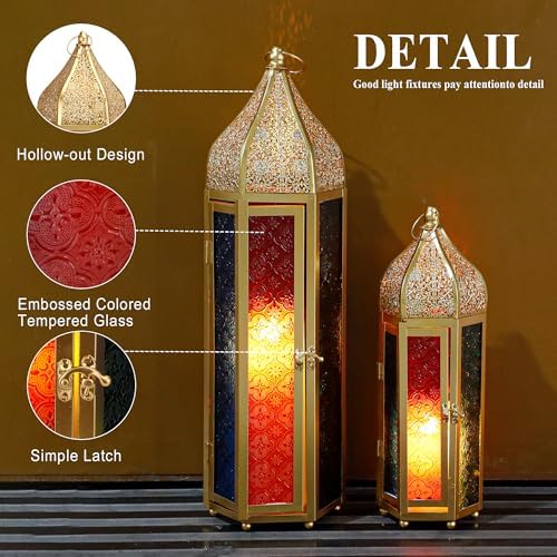 TRIROCKS Set of 2 Moroccan Candle Lanterns 22.5''&15'' H Decorative Candle Holder Hanging Lanterns with Embossed Colored Tempered Glass Ramadan Decorations for Home Outdoor Indoor Patio Weddings(Gold) - Image 3