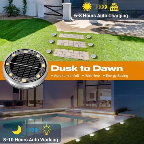Jouierty Solar Ground Lights Outdoor, 8 Pack Solar Powered Disc Lights, Waterproof Landscape Lighting for Pathway Garden Yard Lawn Walkway - Image 2