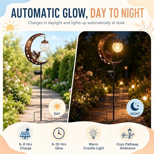 Hummingbird Solar Garden Stake Light, Half Moon Outdoor Decor with Crackle Glass Globe, Water Resistant Metal Yard Lamp for Patio Pathway Lawn (3PCS) - Image 4