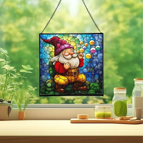 Bubble Blowing Gnome Stained Glass Suncatcher – Square Hanging Window Panel for Home or Greenhouse – Whimsical Glass Art Gift for Garden Lovers, Christmas, Halloween, Father Days 0xWaVs - Image 2
