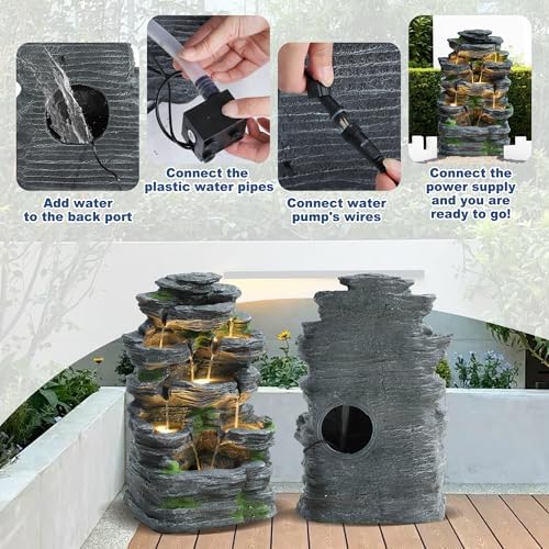 24" H Stacked Rock Outdoor Water Fountain,7-Tier Cascading Waterfall - Image 7