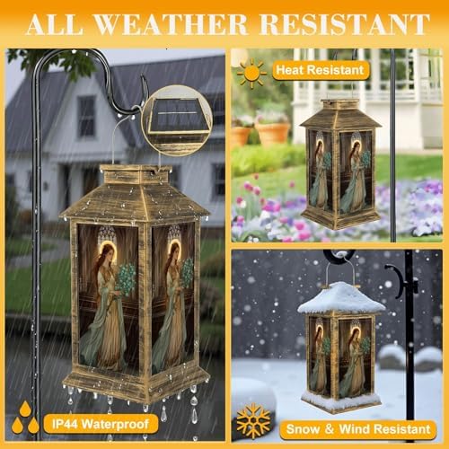 Solar Lantern Outdoor Garden Hanging Lantern Gothic Stained Glass Window Art Nouveau Saint Eucalyptus Waterproof Solar Powered Lighting Outside Table Lamp for Patio Deck Yard Camping - Image 3
