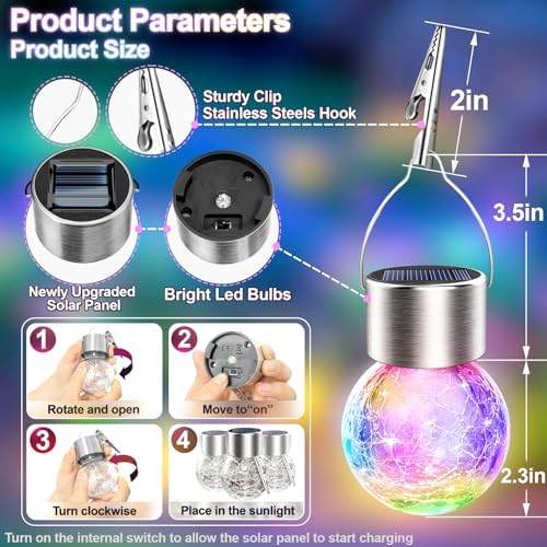 Solar Hanging Lanterns Outdoor: 12 Pack Cracked Glass Ball Lights with Clip - Waterproof Color Changing Globe Decorative Garden Tree Fence - Gardening Holiday Gifts for Women - Image 3