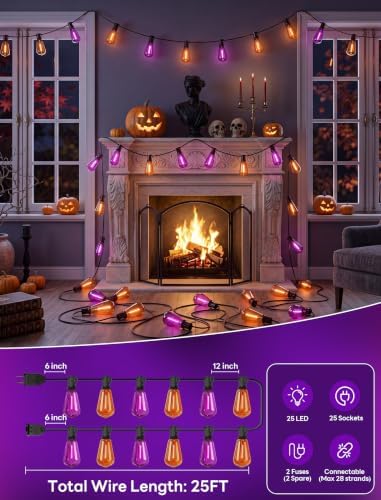25Ft ST38 Halloween Outdoor String Lights with 27 LED Orange Purple Bulbs - Image 2